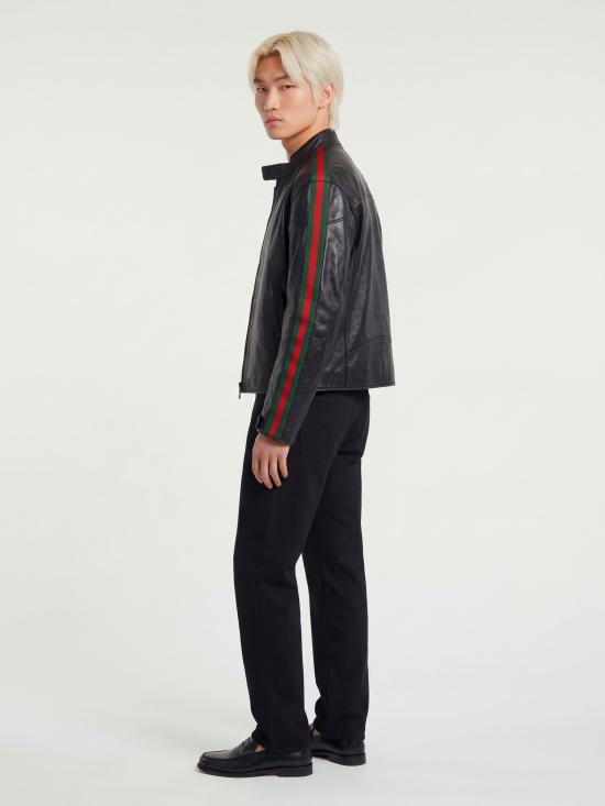 26FW 구찌 WEB 디테일 레더 바이커 자켓 WEB 디테일 레더 바이커 자켓 874158 BLACK - GUCCI