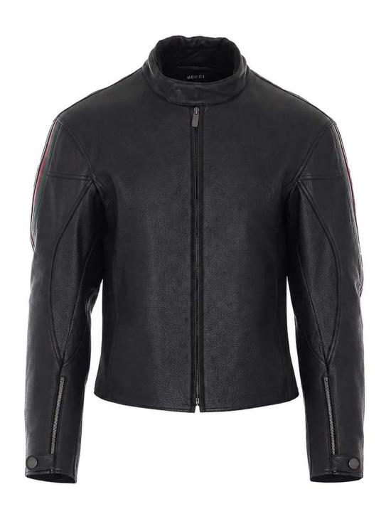 26FW 구찌 웹 디테일 레더 바이커 자켓 874158XNBDW1060 BLACK