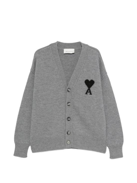 26FW 아미 하트 로고 인타르시아 V넥 가디건 UKC367 018A273 HEATHER ASH GREY BLACK