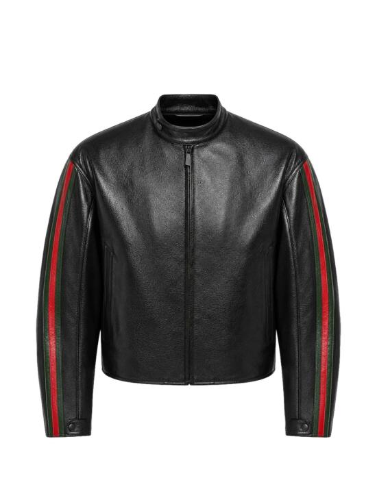 26FW 구찌 웹 디테일 레더 바이커 자켓 874158 XNBDW1060 BLACK GREEN RED