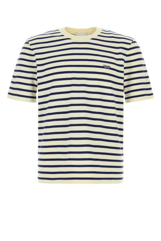 26SS 프라다 자수 로고 스트라이프 반팔 티셔츠 UMF260SOOO188XF0018 NATURALE